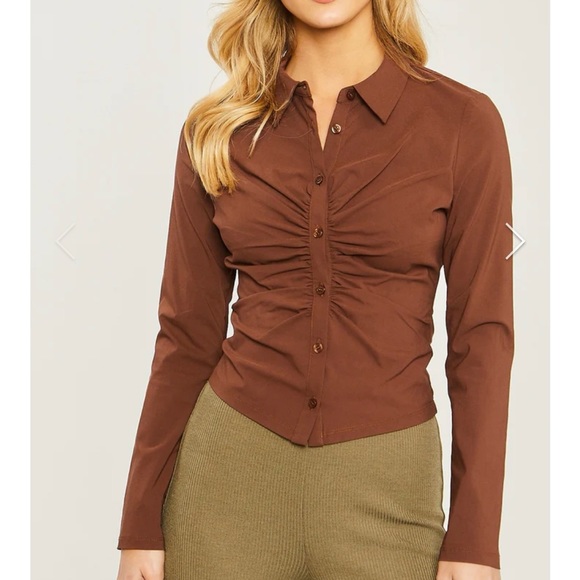 Ruched Front Button Down Top - Brown - Picture 1 of 8